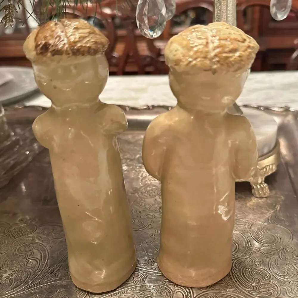 Glazed Stoneware Pottery Rustic Figurines X2 Folk Art Cottage Chic Love & Prayer